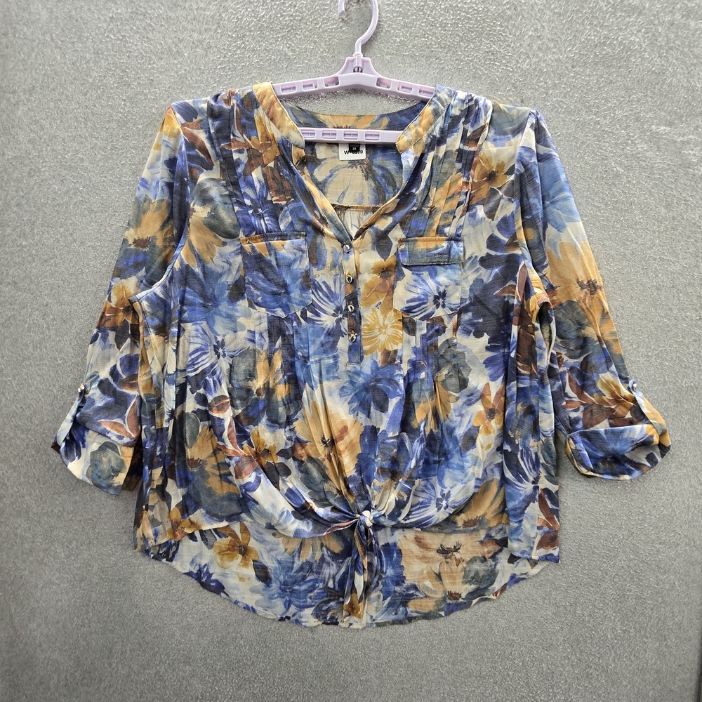 Cocomo Woman Women Blouse 3X Blue Floral Boho Button V-Neck Front